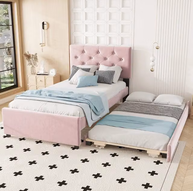 Letto imbottito 90x200 cm in velluto rosa con letto estraibile e testiera a bottoni