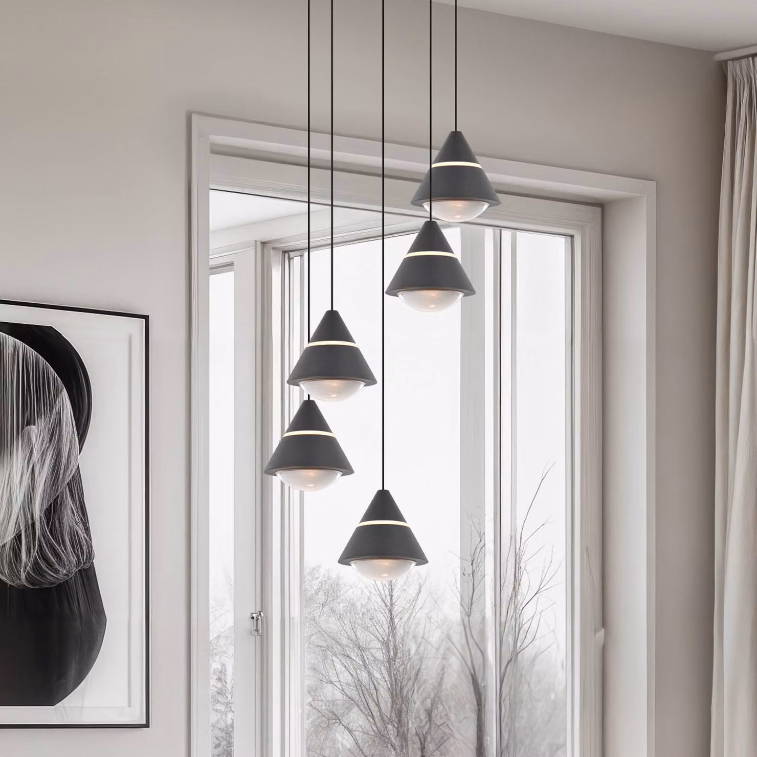 Trio Lighting Lampada LED a sospensione Romeo, Ø 28 cm, nera, metallo, 5 luci. Romeo, Nero, Soggiorno / Sala da pranzo, Metallo, Moderno