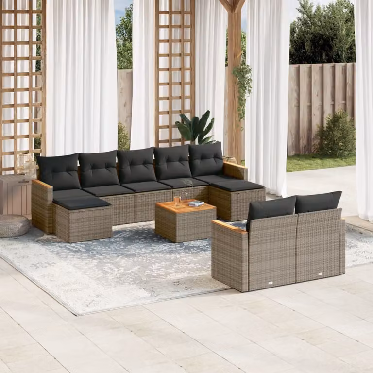 Set Divano da Giardino vidaXL 10 pz a forma a U in Polyrattan Grigio con Cuscini e Tavolino