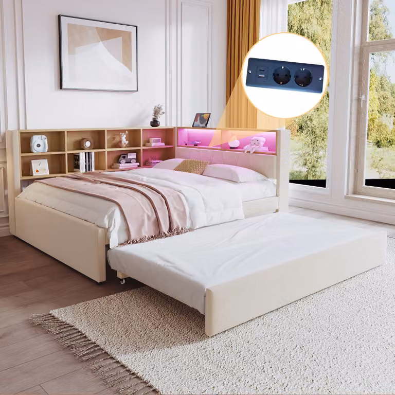 Divano letto Abrihome 140×200 cm con letto estraibile e presa USB, letto imbottito con libreria e armadietto, beige