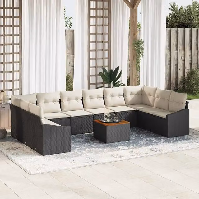 Set Divano da Giardino a Forma di U vidaXL in Polyrattan Nero con Cuscini e Tavolino da Esterno – 1