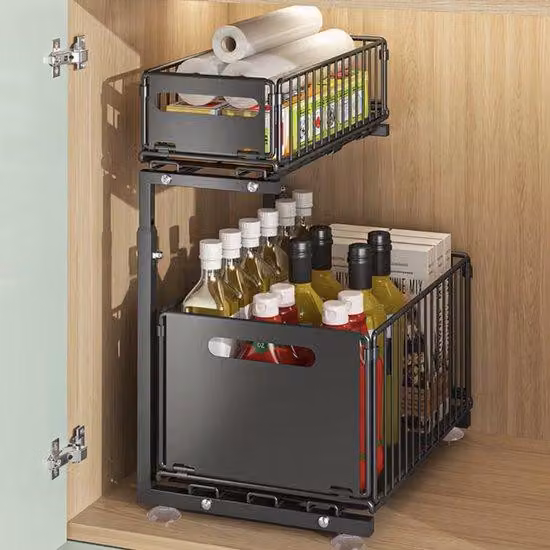 Organizzatore a cassetti a 2 livelli – Scaffale da cucina regolabile – Scaffale sottolavello – con cassetto – per spezie e pentole da cucina