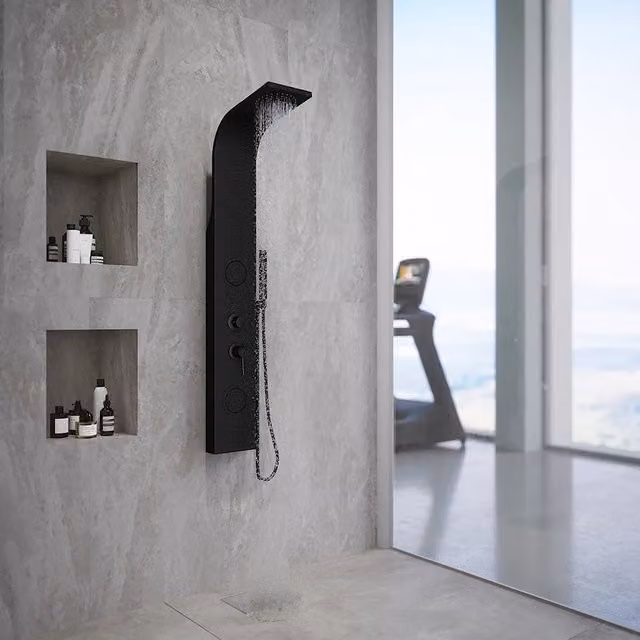 Pannello doccia curvo in acciaio nero opaco, con doccino, cascata, 3 funzioni | Spa