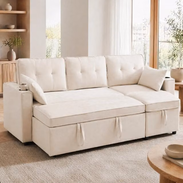 Divano Letto Angolare REDOM Beige in Cotone e Lino con Contenitore e Funzione Notte L/P/H: 211 x 130 x 86 cm