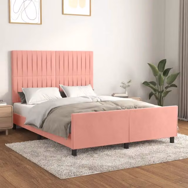 Letto con testiera in velluto rosa vidaXL L/P: 140 x 200 cm – 1
