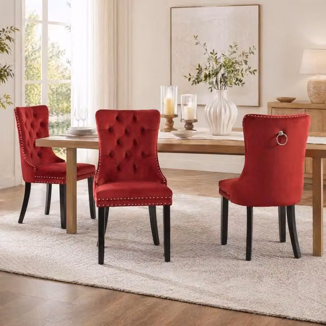Set di 2 sedie da pranzo OKWISH in velluto rosso con schienale alto e borchie decorative per cucina e sala da pranzo