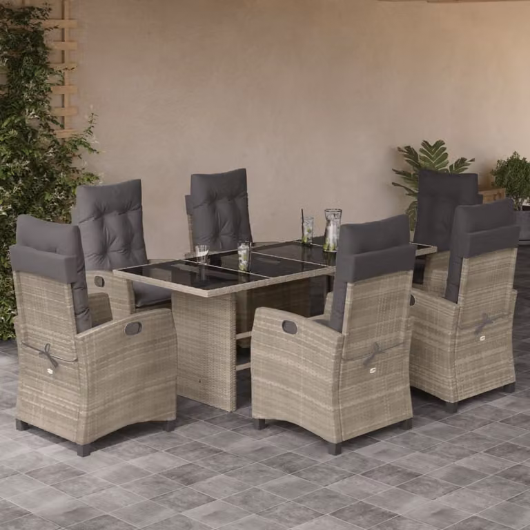 Set da pranzo da giardino vidaXL in polyrattan con cuscini e piano in vetro, 7 pezzi, grigio antracite