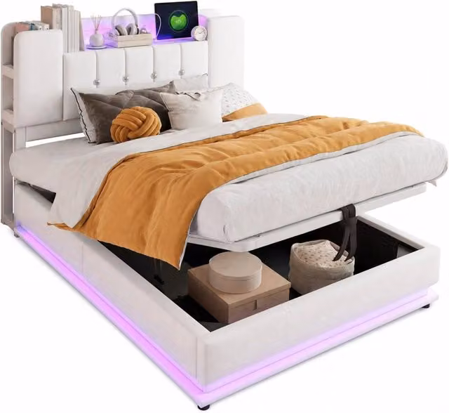 Letto singolo per bambini 90x200 cm con contenitore idraulico; LED e USB in velluto beige