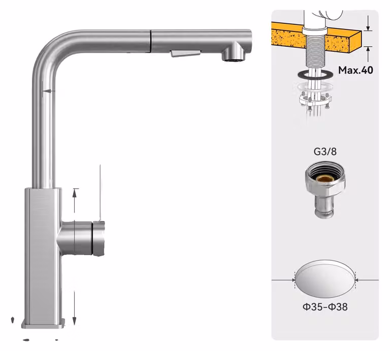 Rubinetto da cucina, girevole a 360°, con due modalità di spruzzo, acciaio inossidabile spazzolato, attacco G3/8