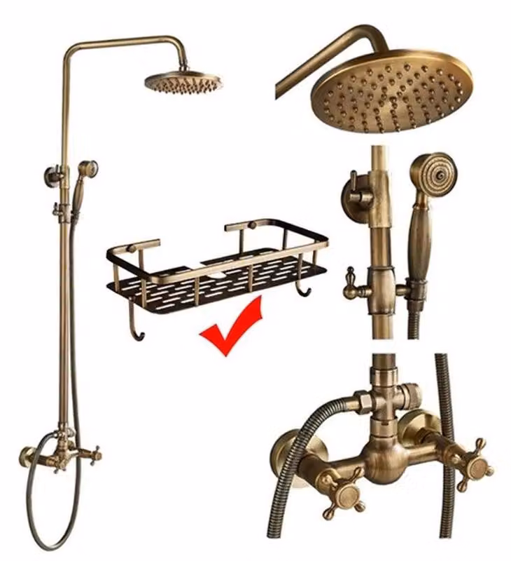 Set doccia in ottone anticato - Miscelatore per vasca e doccia - Doccia a pioggia da 20 cm - Doccetta manuale - Miscelatore a due manopole - Altezza regolabile da 70 a 120 cm - Con ripiano portaoggetti