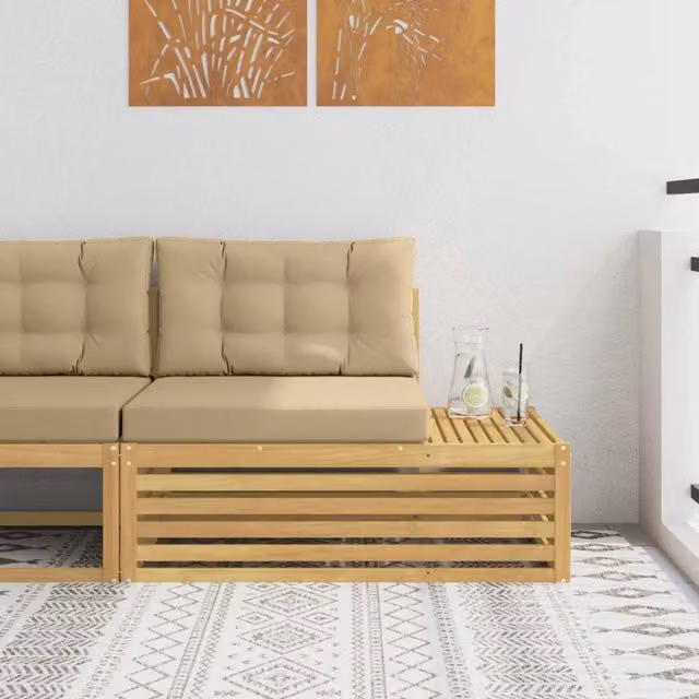 Divano da giardino moderno in legno di acacia con cuscini bianchi e beige L: 115 cm, P: 83 cm, H: 73 cm