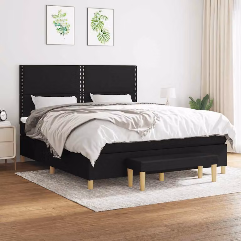 vidaXL Giroletto a Molle con Materasso Ibrido in Tessuto Nero L: 180 cm, P: 200 cm, H: 128 cm