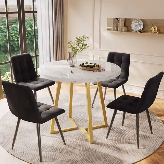 Set da pranzo 5 pezzi: tavolo rotondo Ø80 cm, piano in MDF bianco, gambe metallo oro + 4 sedie in velluto nero