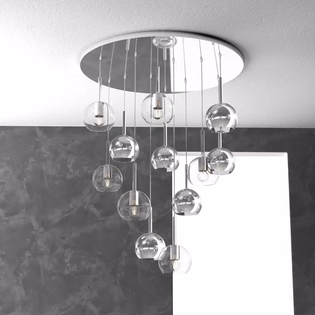 Lampadario Sospeso Contemporaneo Top Light Future in Metallo Cromo e Vetro Trasparente con 12 Luci E27 – 2