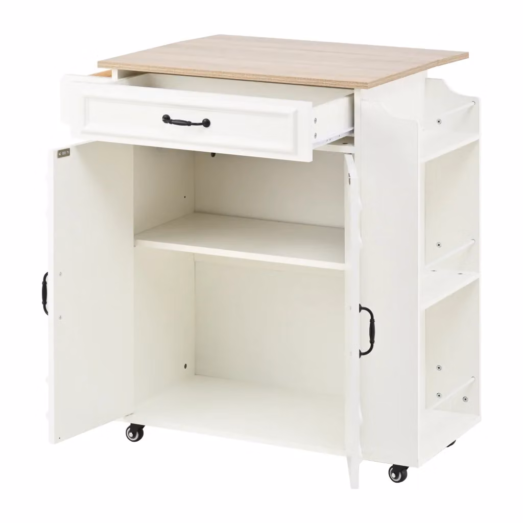 Isola Cucina su Ruote MINIMAL con Piano Pieghevole, Cassetto e Ripiano in Legno e MDF Bianco L/P/H: 38.0 x 30.7 x 86.0 cm – 2