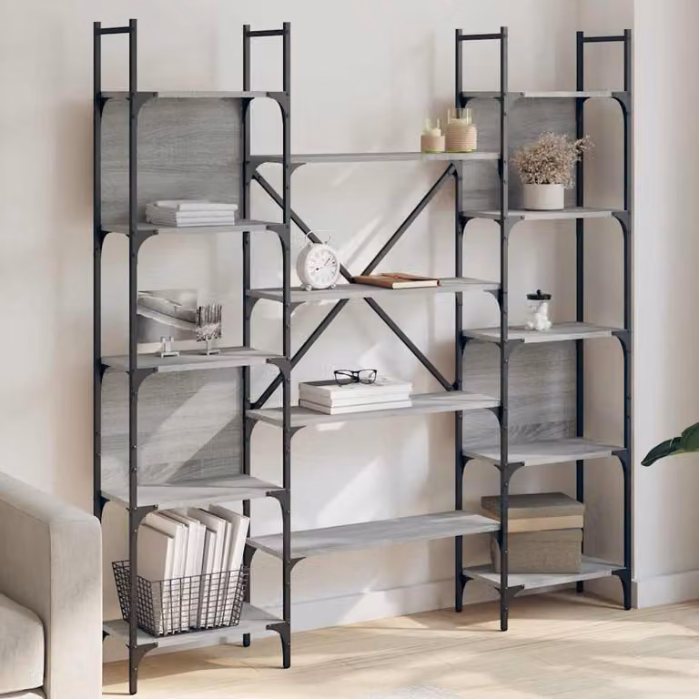 Libreria vidaXL in stile industriale Grigio Sonoma, realizzata in legno multistrato e metallo, L: 155,5 cm, P: 24 cm, H: 166,5 cm