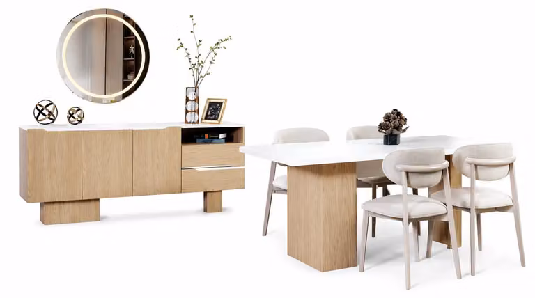 Set da pranzo di design elegante: tavolo da pranzo, 4 poltrone imbottite, credenza in legno