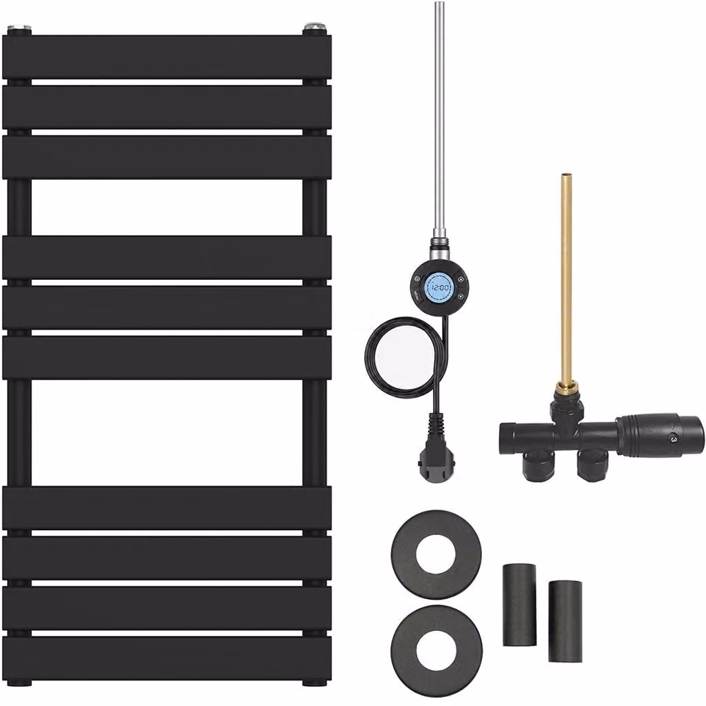 Kit radiatore per bagno Claude - riscaldamento combinato, antenna Wi-Fi - collegamento laterale a un punto - 300W - nero opaco - 1000x500 mm
