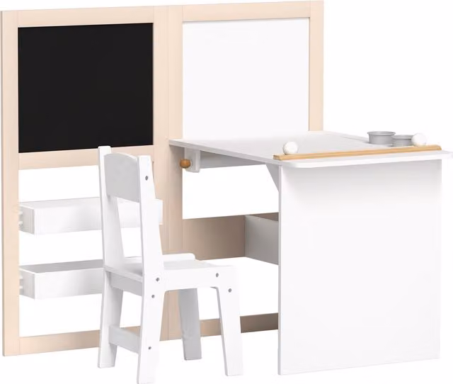 Set Tavolo e Sedie AIYAPLAY per Bambini 3-8 Anni con Lavagna Nera e Bianca, Contenitori e Rotolo di Carta, Bianco