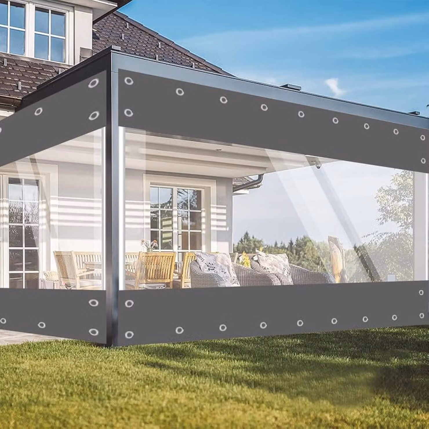 Telo di copertura impermeabile, 650 g/m², in PVC, per uso esterno, resistente agli agenti atmosferici, trasparente, con occhielli, colore grigio, dimensioni 2,4 x 3 metri