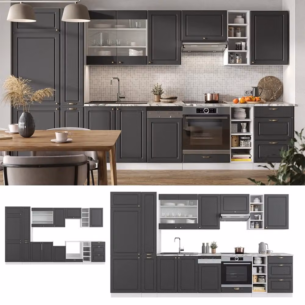 Cucina componibile moderna Fame-Line Vicco colore Antracite, Oro e Bianco con piano in Rovere, L: 355 cm – 2