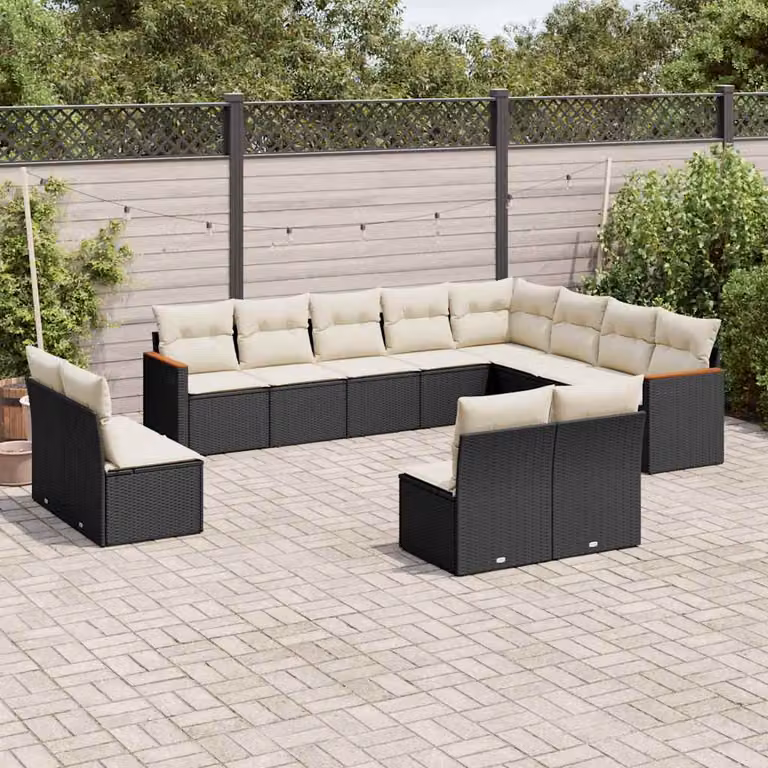 Set di divani da giardino vidaXL 12 pezzi in polyrattan nero con cuscini e struttura in legno di acacia