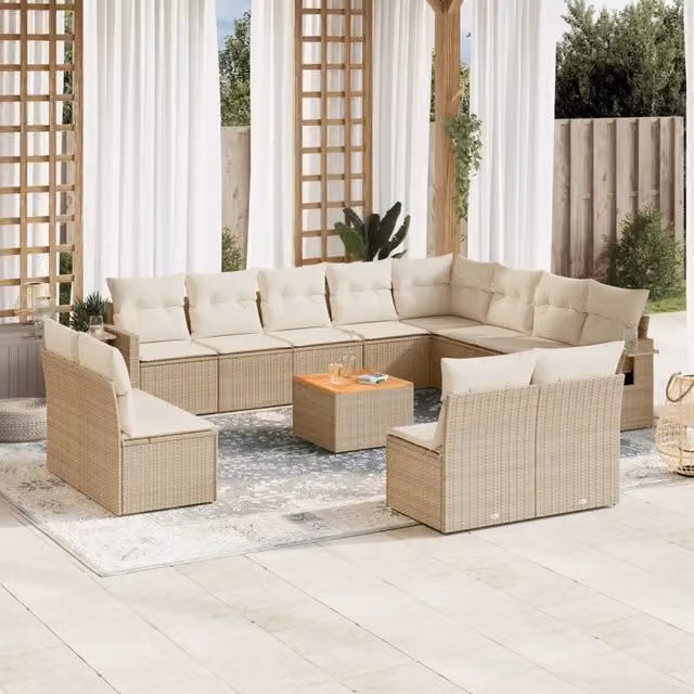 Set Divano da Giardino a L vidaXL in Polyrattan con Cuscini Beige e Tavolino da Esterno 13 Pezzi
