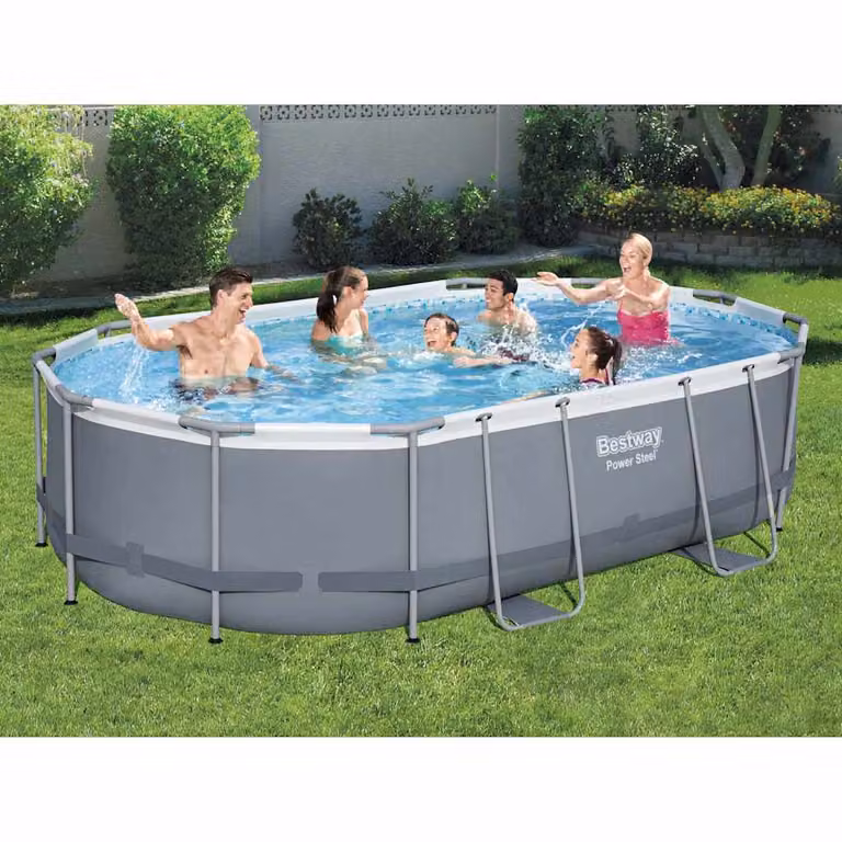 Set Piscina Ovale Bestway Power Steel con Telaio in Metallo, Pompa, Scala e Copertura, Blu e Grigio, L: 488 cm, P: 305 cm, H: 107 cm
