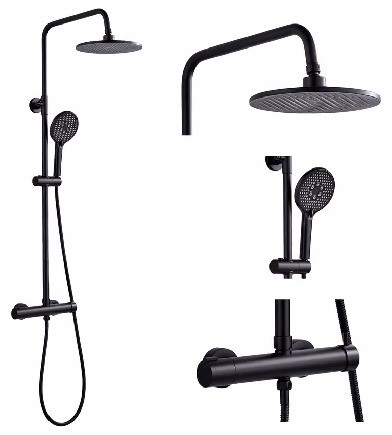 Sistema doccia a pioggia, diametro 21 cm, soffione manuale con 3 getti, in ottone, colore nero