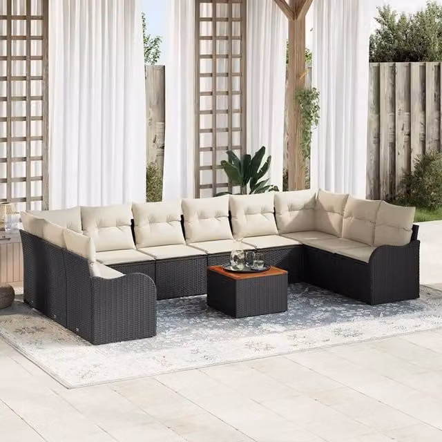 Set Divano da Giardino vidaXL 11 pz Nero con Cuscini e Tavolino in Polyrattan e Acciaio