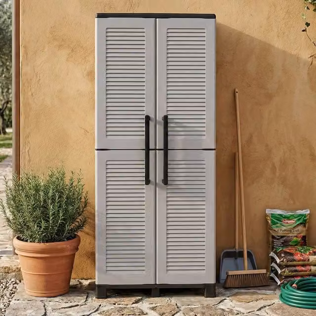 Armadio da esterno Askan DMORA per giardino e balcone, 3 ripiani, Grigio Chiaro, L: 68 cm, P: 37 cm, H: 169 cm – 1