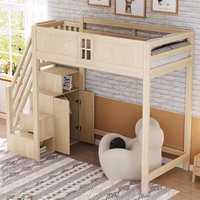 Letto a soppalco 90x200 cm legno naturale, scala laterale reversibile con ripiani, senza materasso