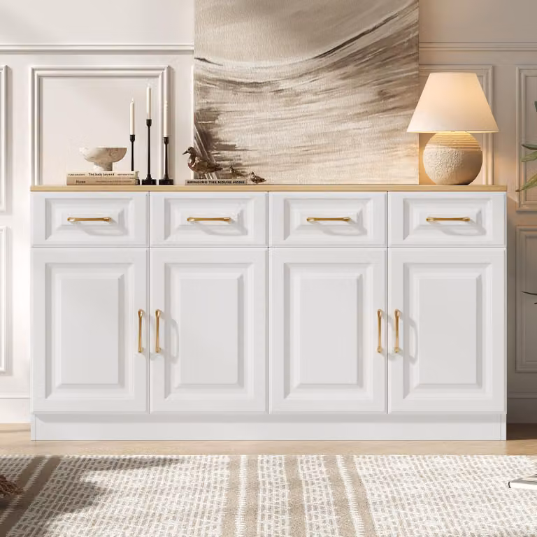 Credenza buffet Merax 140 cm con 4 cassetti e 4 ante, cassettiera in legno in stile rustico, spazio di archiviazione per cucina, soggiorno, sala da pranzo, rovere bianco