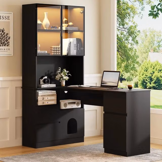 Scrivania angolare con libreria; vetrina LED a 7 colori; 3 cassetti e passacavi nera in MDF 120 × 80 × 180 cm