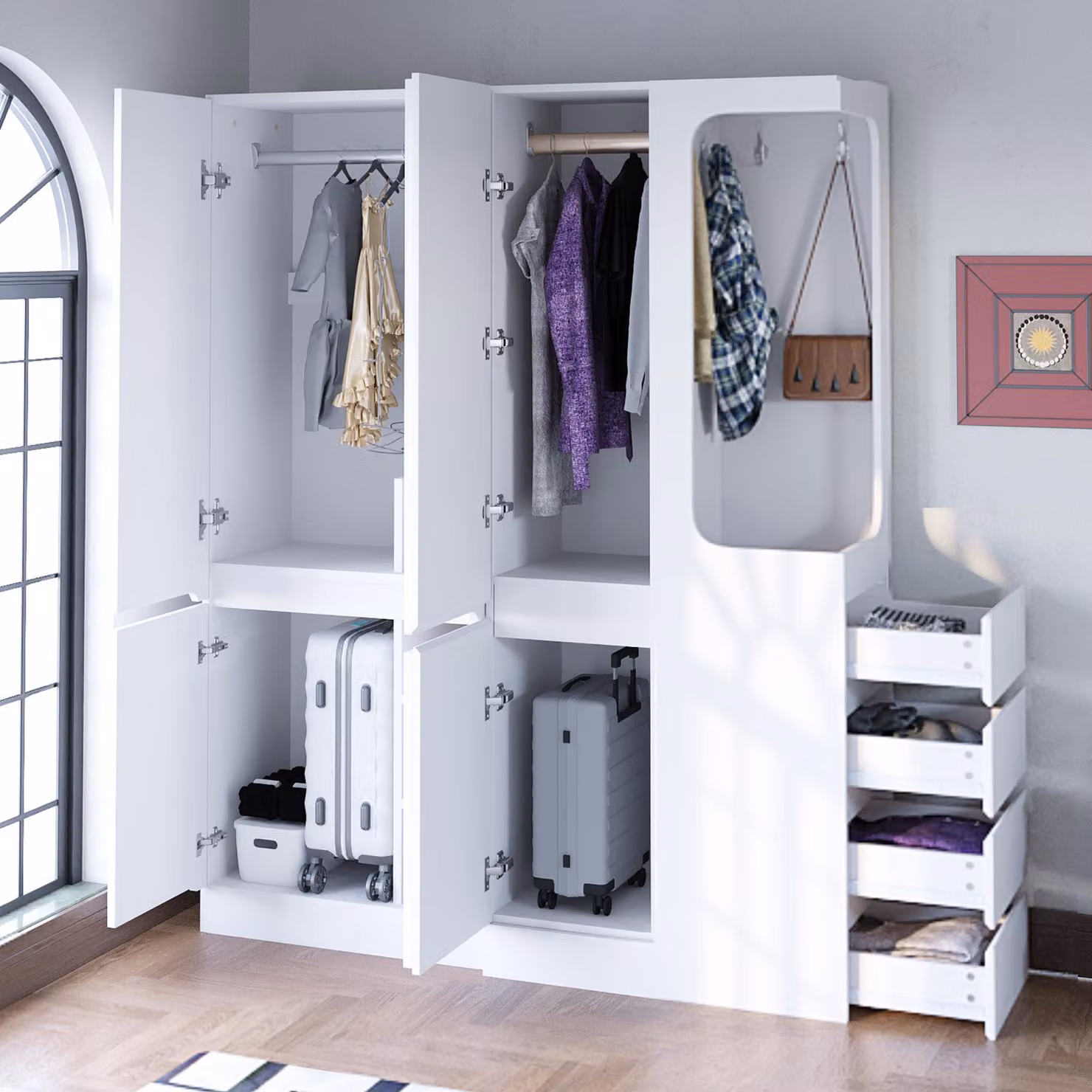 Set di armadi Flieks con cassetti e vani portaoggetti, armadio angolare a 2 ante con asta appendiabiti, 140x40x170 cm, bianco