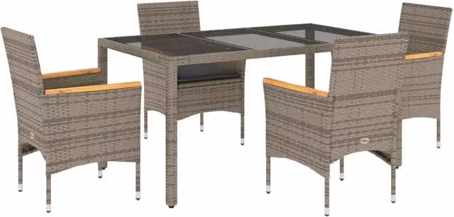 Set da pranzo da giardino vidaXL in polyrattan e legno di acacia con tavolo in vetro e cuscini grigi, 5 pezzi – 2