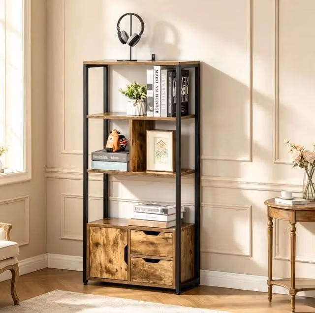 Libreria con Ripiani, Armadietto e Cassetti in Legno e Metallo