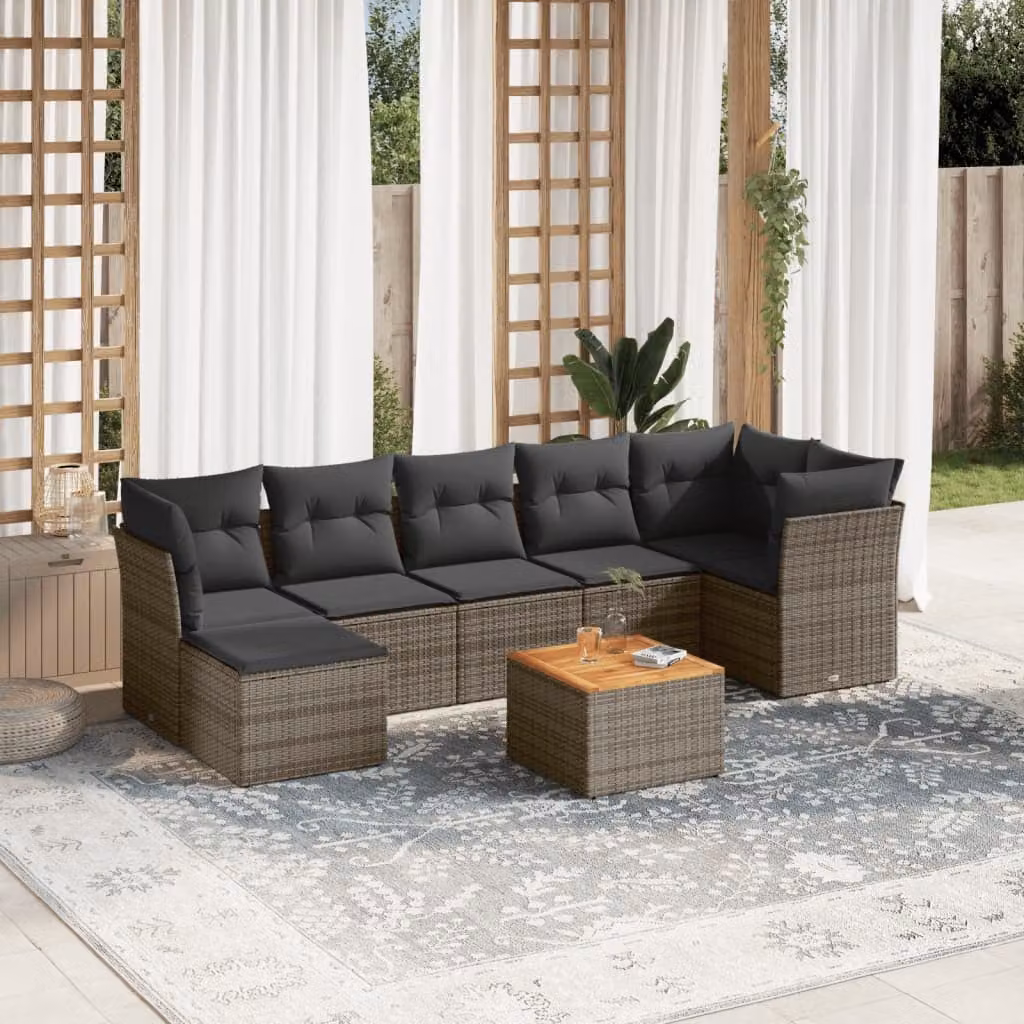 Set Divano da Giardino 8 pz vidaXL in Polyrattan con Cuscini e Tavolino, Grigio e Marrone – 1