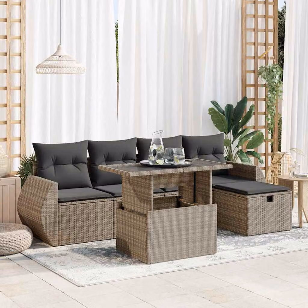 Set Divano da Giardino vidaXL 6 pz in Polyrattan Grigio con Cuscini e Tavolino da Esterno a Forma di L