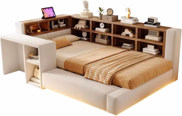 Letto singolo imbottito 90x200 cm con LED; prese e vani in velluto beige