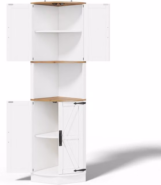 Mobile angolare in MDF bianco effetto legno, 39,5×39,5×180 cm, 5 scomparti, stile rustico vintage per cucina, soggiorno e sala da pranzo