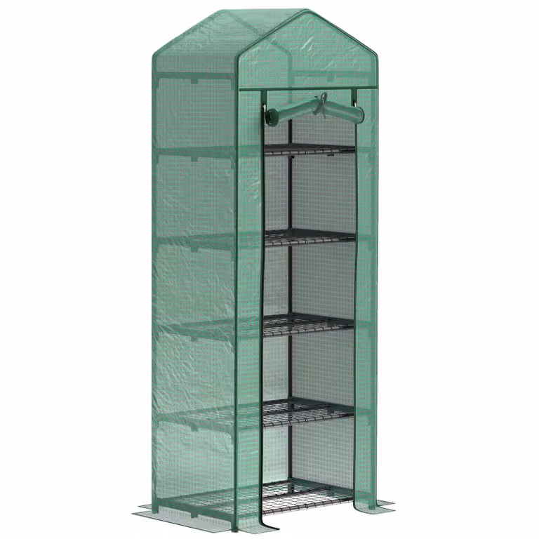Serra in plastica Zimilo con porta a rullo, 5 ripiani, struttura in acciaio, 69x49x193 cm, serra per pomodori, ortaggi, fiori e giardinaggio sul balcone, per l'inverno, verde