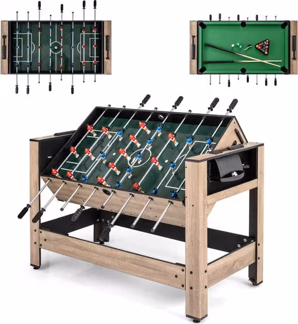 Tavolo da gioco 2-in-1 con calcio balilla e biliardo arcade rotante in legno e metallo marrone per casa e sala giochi