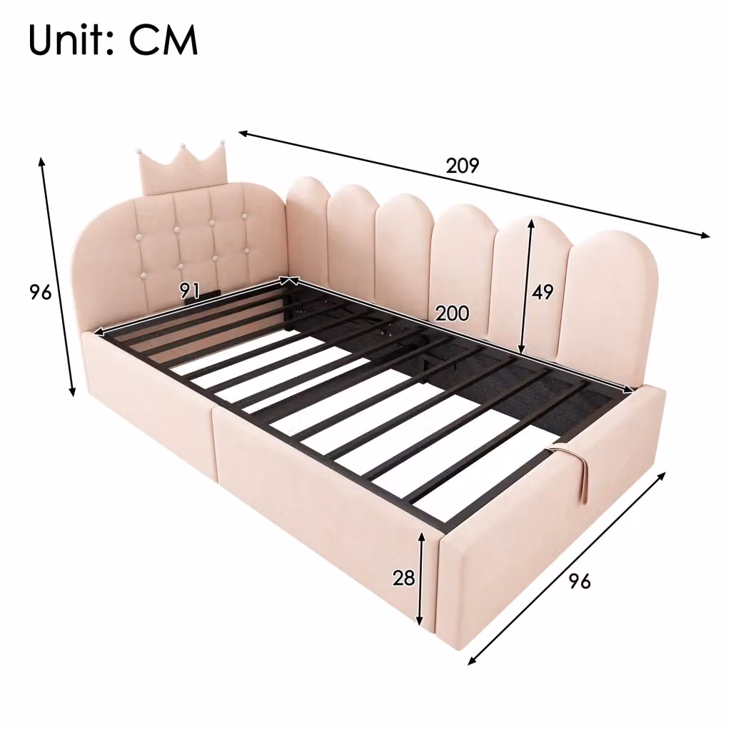 Daybed in velluto rosa con contenitore idraulico e design a corona per cameretta o camera da letto, L/P: 200 x 90 cm – 2