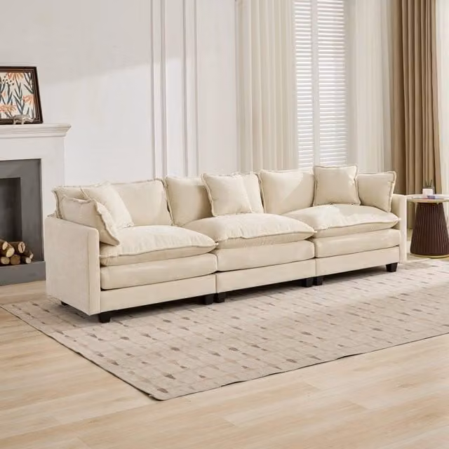 Divano 3 Posti in Tessuto Chenille ¨C MINIMAL ¨C Beige, Cuscini Imbottiti, Morbido