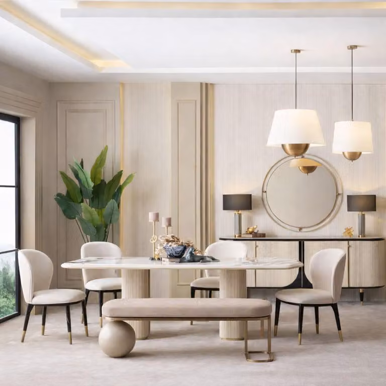 Set di mobili per sala da pranzo: tavolo da pranzo, sedie, panca, credenza, specchio, design moderno