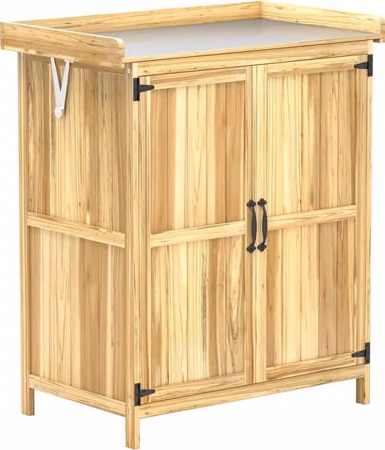 Armadietto da esterno Outsunny in legno e metallo con ripiani interni e 2 ante, color marrone rustico per giardino e terrazzo