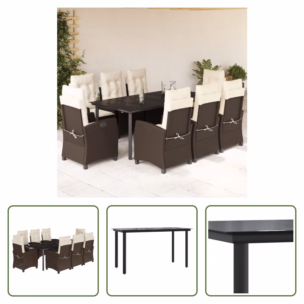The Living Store Set da pranzo da giardino 9 pezzi con cuscini in polirattan marrone