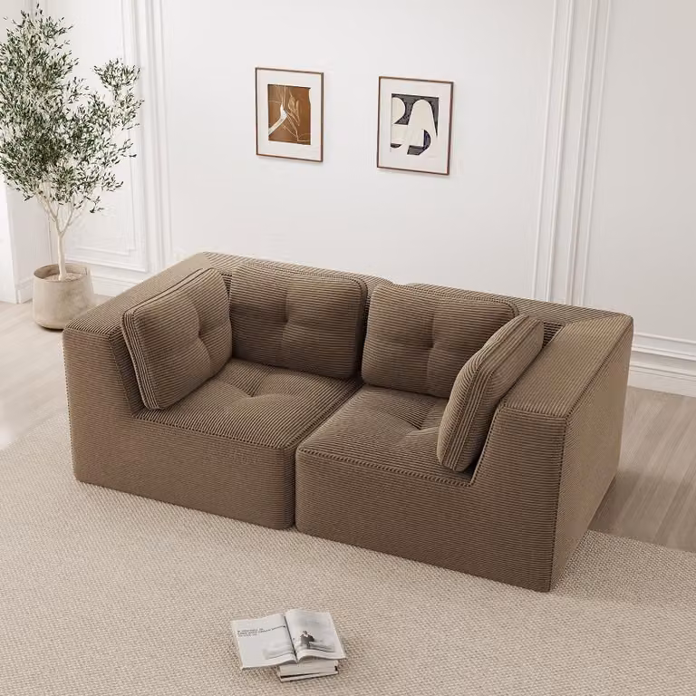 Divano angolare modulare Cord, color marrone, divano a 2 posti senza struttura, divano da terra con seduta profonda 74 cm, resistente ai graffi e facile da pulire, dimensioni 208x104x69 cm