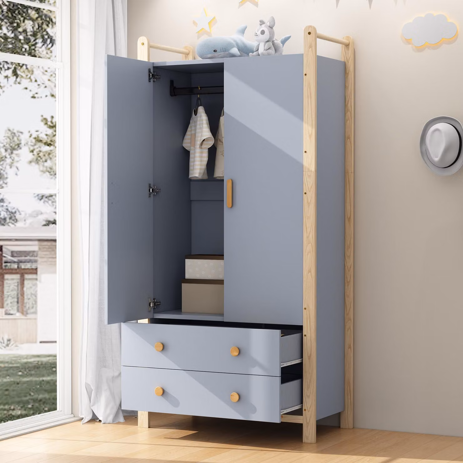 Armadio STILVORA con asta appendiabiti, mobile guardaroba per l'ingresso con 2 ante e 2 cassetti, mobile contenitore in MDF, colore blu
